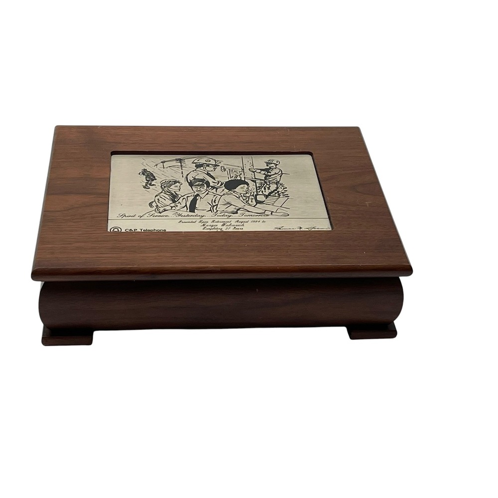 Vintage C&P Telephone Wooden 11" X 9" Jewelry Box Velvet Lined Retirement Gift